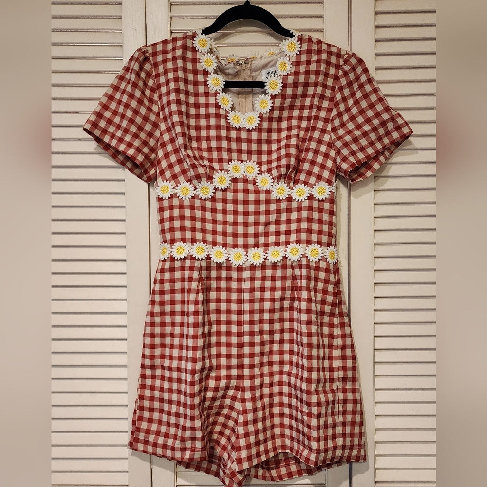 Unique Vintage Red Gingham Daisy Romper